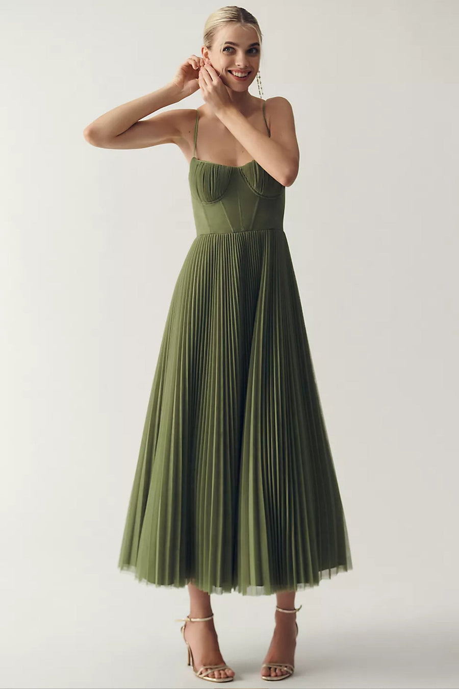 Olivia | Women's Corset-Bodice Pleated Tulle Midi Slip Dress