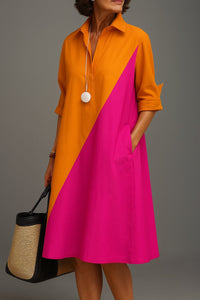 Mia | Women's Cotton Diagonal Colorblock Collared Midi Dress