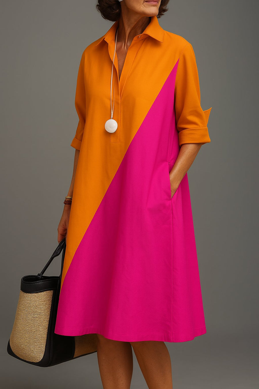 Mia | Women's Cotton Diagonal Colorblock Collared Midi Dress