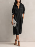 Aria | Women's Cotton Linen V-Neck Elbow Sleeve Midi Shirt Dress