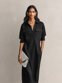 Aria | Women's Cotton Linen V-Neck Elbow Sleeve Midi Shirt Dress