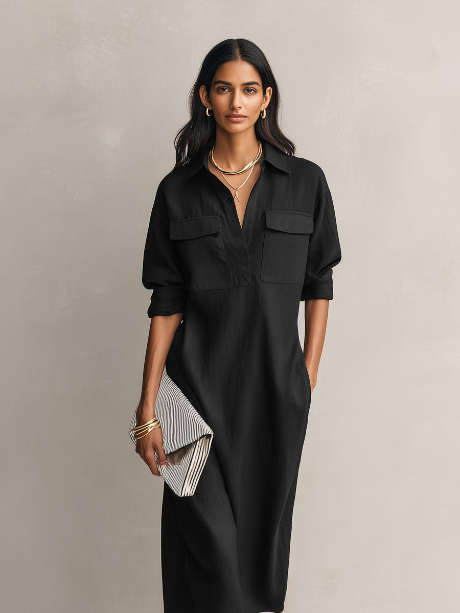 Aria | Women's Cotton Linen V-Neck Elbow Sleeve Midi Shirt Dress
