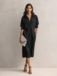 Aria | Women's Cotton Linen V-Neck Elbow Sleeve Midi Shirt Dress