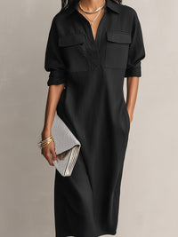 Aria | Women's Cotton Linen V-Neck Elbow Sleeve Midi Shirt Dress