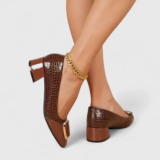 Ava | Women's Crocodile-Embossed Block-Heel Chain Detail Loafers