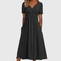 Penelope | Women's Cross-Wrap V-Neck Ruched A-Line Midi Dress Pockets