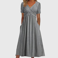 Penelope | Women's Cross-Wrap V-Neck Ruched A-Line Midi Dress Pockets