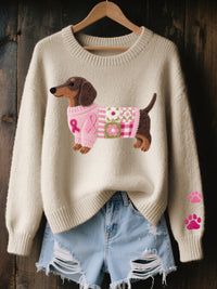 Freya | Women's Dachshund Patchwork Relaxed-Fit Knit Sweater Jumper