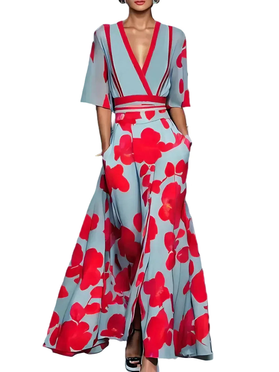 Women's Deep V-Neckline Maxi Dress with Floral Print and Half Sleeves