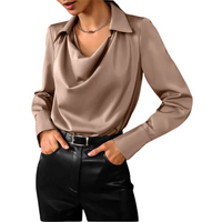Women's Draped Cowl Neck Blouse with Pointed Collar and Button Cuff Sleeves