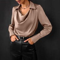 Women's Draped Cowl Neck Blouse with Pointed Collar and Button Cuff Sleeves