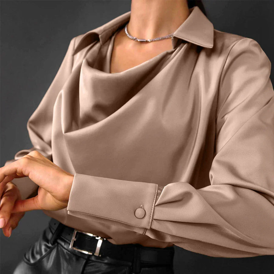 Women's Draped Cowl Neck Blouse with Pointed Collar and Button Cuff Sleeves