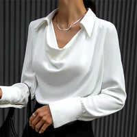 Women's Draped Cowl Neck Blouse with Pointed Collar and Button Cuff Sleeves