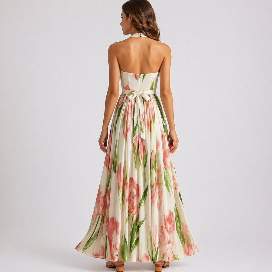 Sophie | Women's Fall Wedding Guest Dresses Halter Neck Floral Maxi Dress