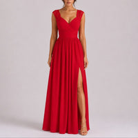 Phoebe | Women's Fall Wedding Guest Lace Shoulder V-Neck Chiffon Maxi Dress