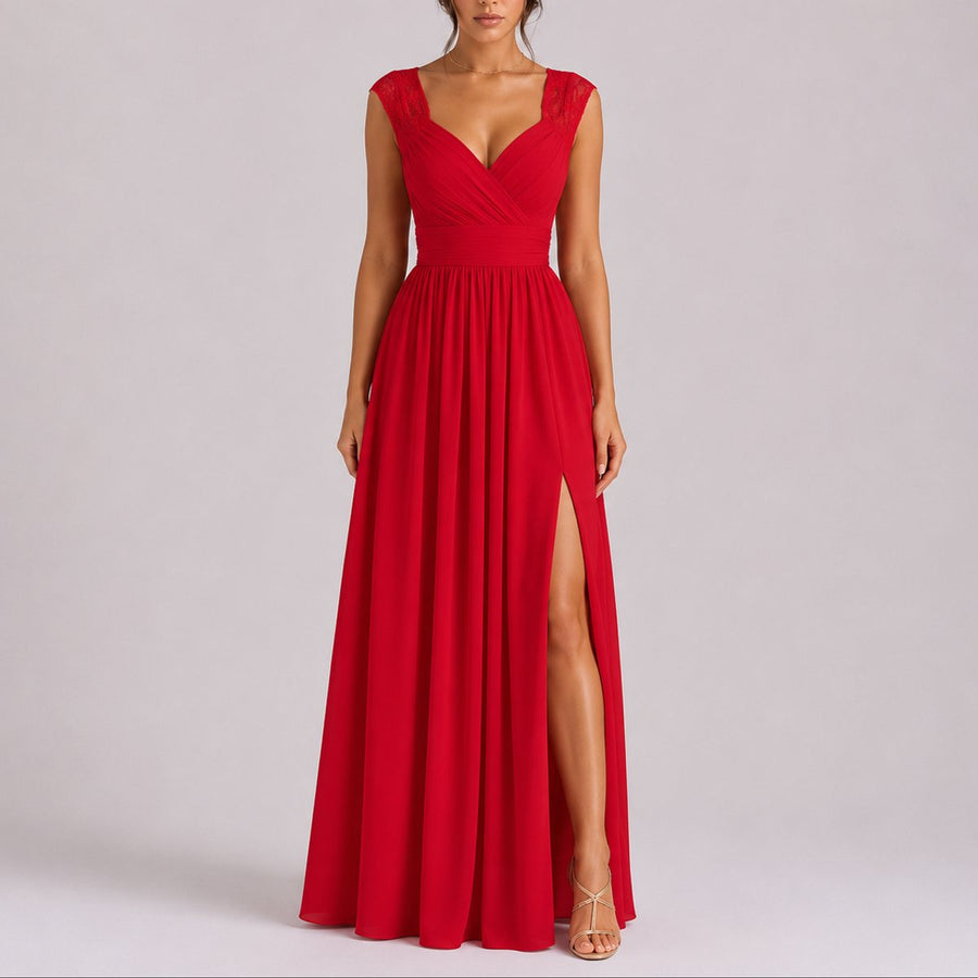 Phoebe | Women's Fall Wedding Guest Lace Shoulder V-Neck Chiffon Maxi Dress