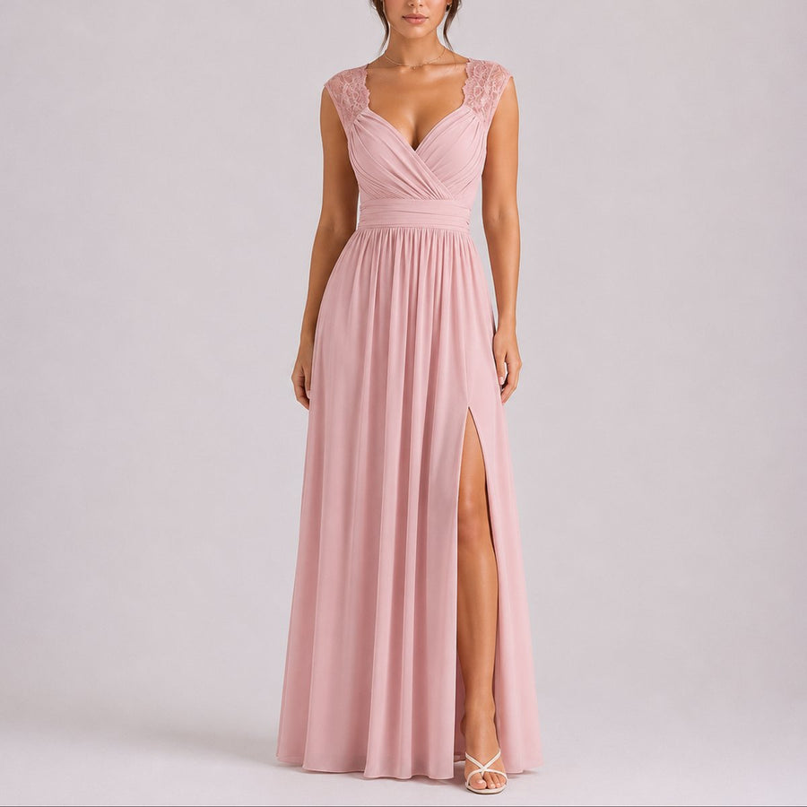 Phoebe | Women's Fall Wedding Guest Lace Shoulder V-Neck Chiffon Maxi Dress
