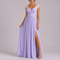 Phoebe | Women's Fall Wedding Guest Lace Shoulder V-Neck Chiffon Maxi Dress