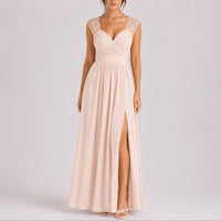 Phoebe | Women's Fall Wedding Guest Lace Shoulder V-Neck Chiffon Maxi Dress