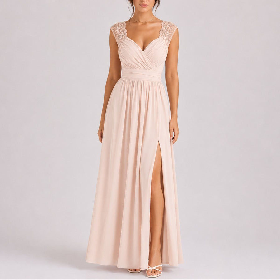 Phoebe | Women's Fall Wedding Guest Lace Shoulder V-Neck Chiffon Maxi Dress