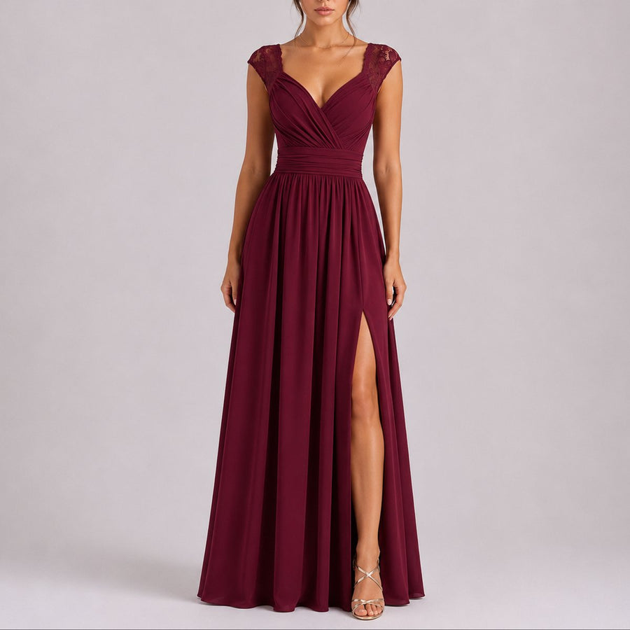 Phoebe | Women's Fall Wedding Guest Lace Shoulder V-Neck Chiffon Maxi Dress