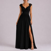 Phoebe | Women's Fall Wedding Guest Lace Shoulder V-Neck Chiffon Maxi Dress