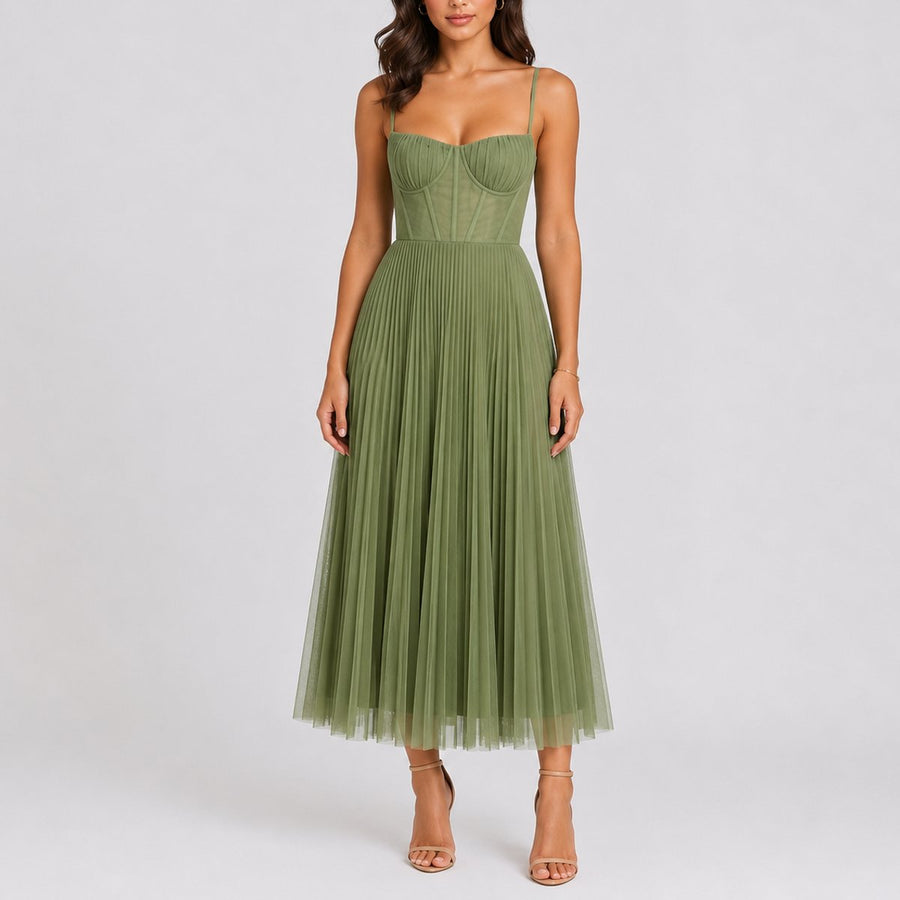 Olivia | Women's Fall Wedding Guest Pleated Tulle Midi Dress Sweetheart Bodice