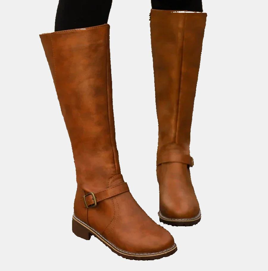 Mia | Women's Faux Leather Buckle Knee High Boots