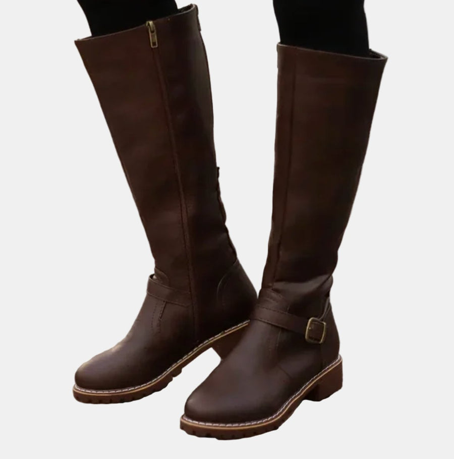Mia | Women's Faux Leather Buckle Knee High Boots