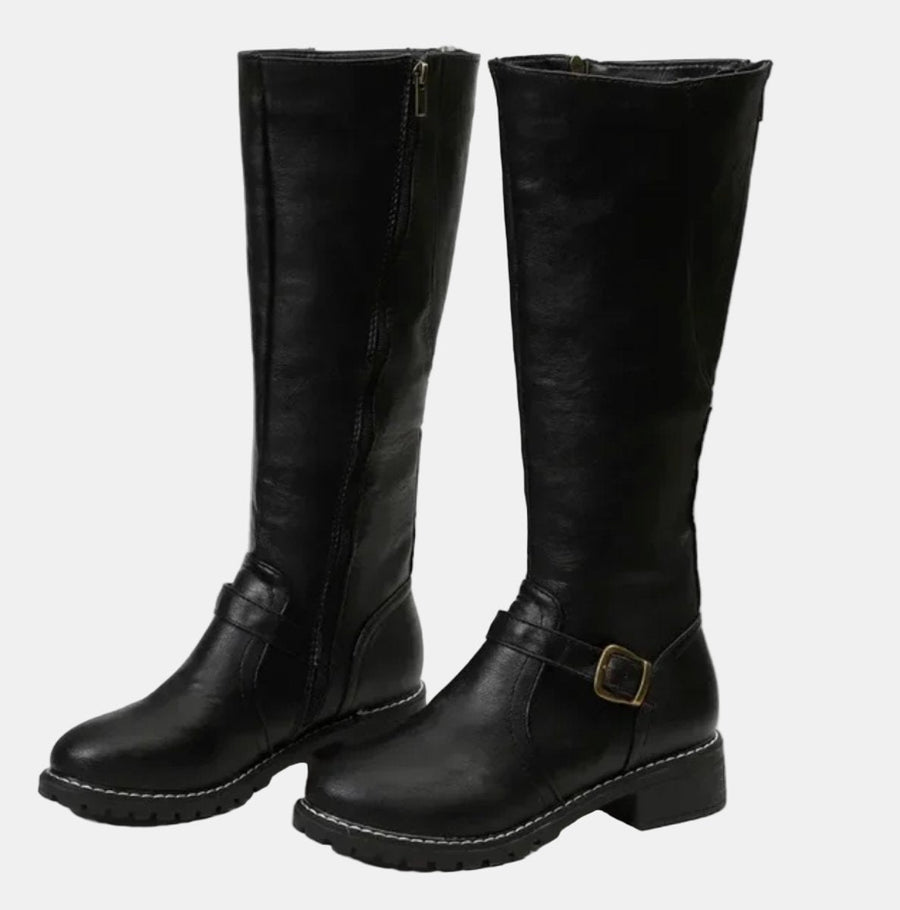 Mia | Women's Faux Leather Buckle Knee High Boots