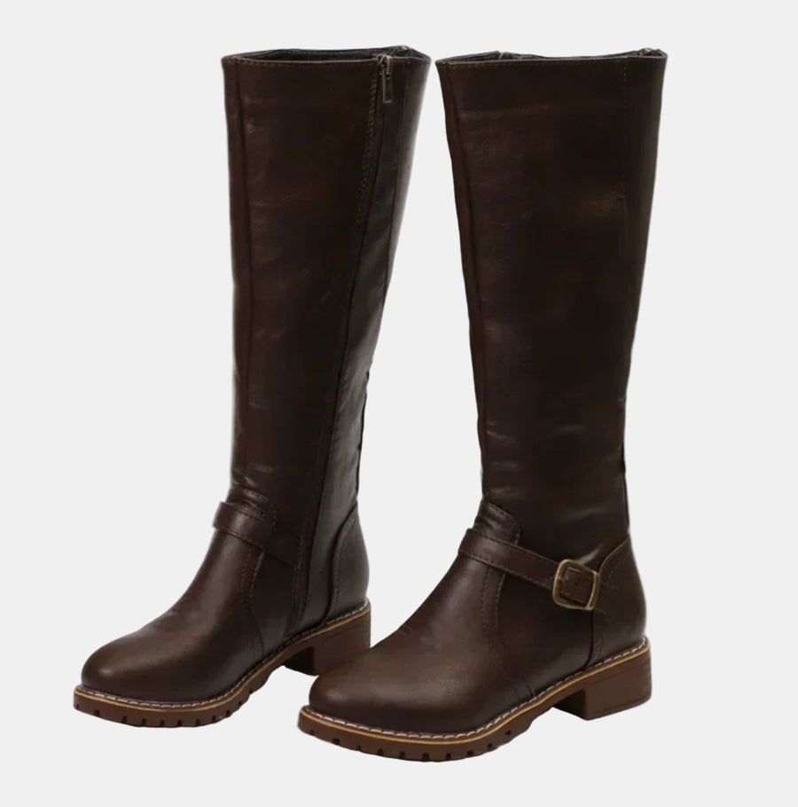 Mia | Women's Faux Leather Buckle Knee High Boots