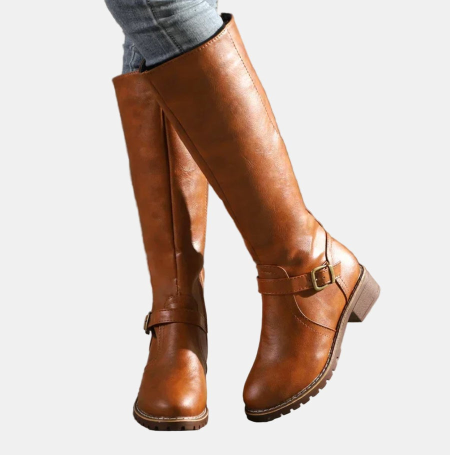 Mia | Women's Faux Leather Buckle Knee High Boots