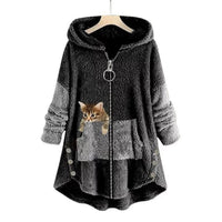 Olivia | Women's Fleece Hooded Zip-Up Sweater Plush Cat Pocket Jumper