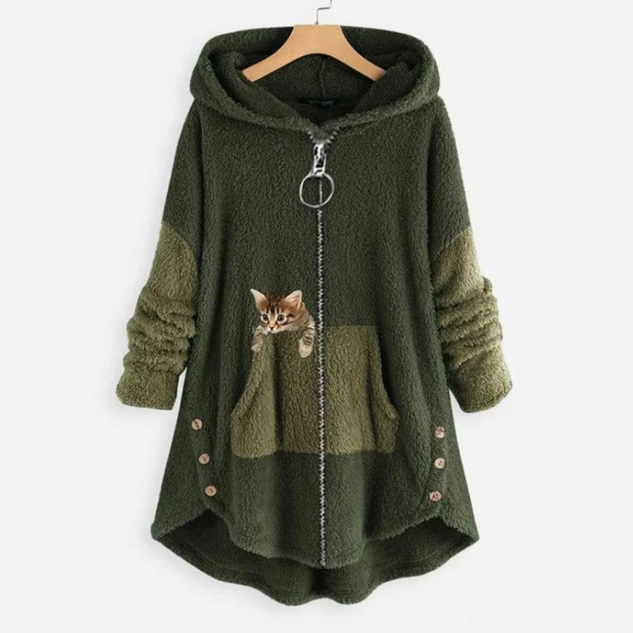 Olivia | Women's Fleece Hooded Zip-Up Sweater Plush Cat Pocket Jumper