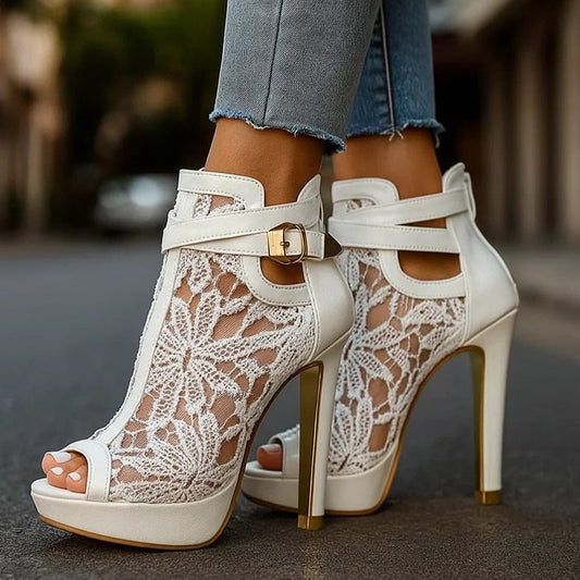 Ava | Women's Floral Lace Peep-Toe Stiletto Ankle-Strap Heels