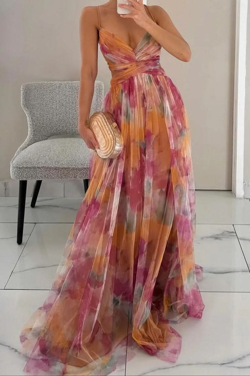 Isabella | Women's Floral Maxi Cocktail Dress Spaghetti Strap V-Neck A-Line