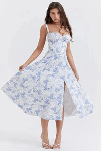 Esmae | Corset Midi Dress in Blue Floral Linsay