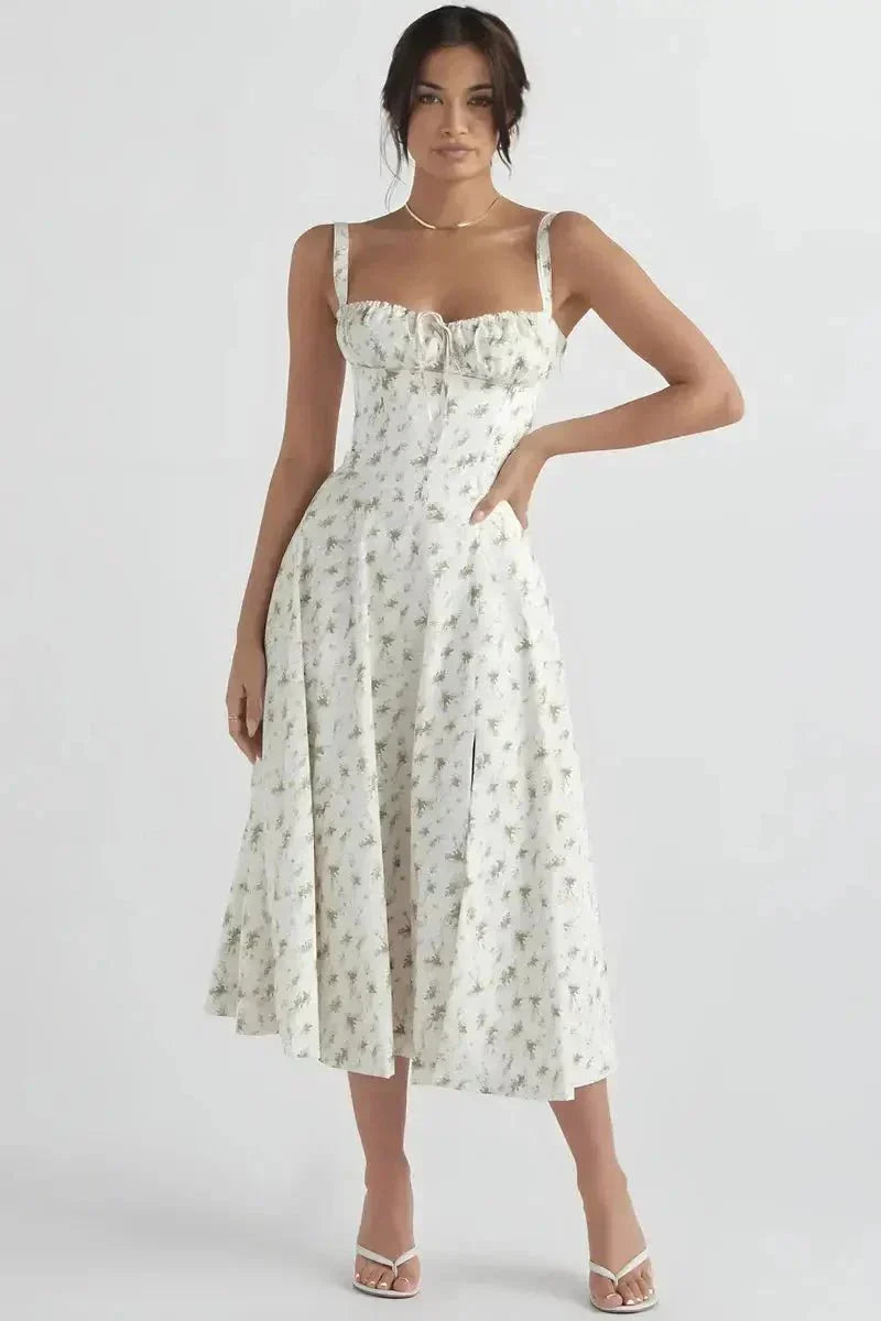 Esmae | Corset Midi Dress in White Floral Linsay