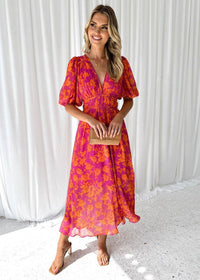 Lily | Women's Floral Midi Dress Puff Sleeves V-Neck