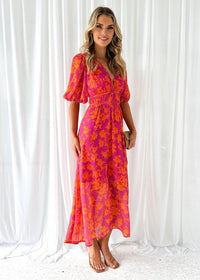 Lily | Women's Floral Midi Dress Puff Sleeves V-Neck