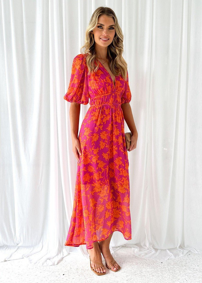Lily | Women's Floral Midi Dress Puff Sleeves V-Neck