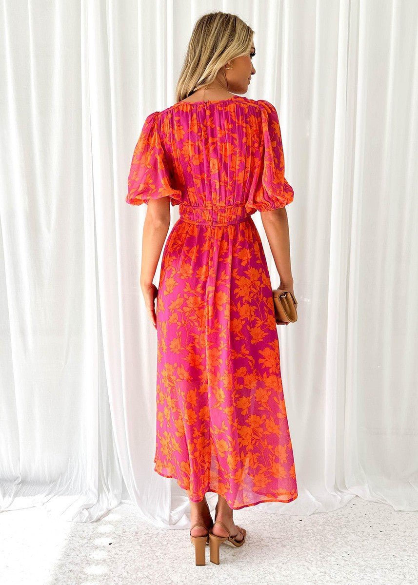 Lily | Women's Floral Midi Dress Puff Sleeves V-Neck