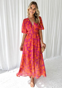 Lily | Women's Floral Midi Dress Puff Sleeves V-Neck