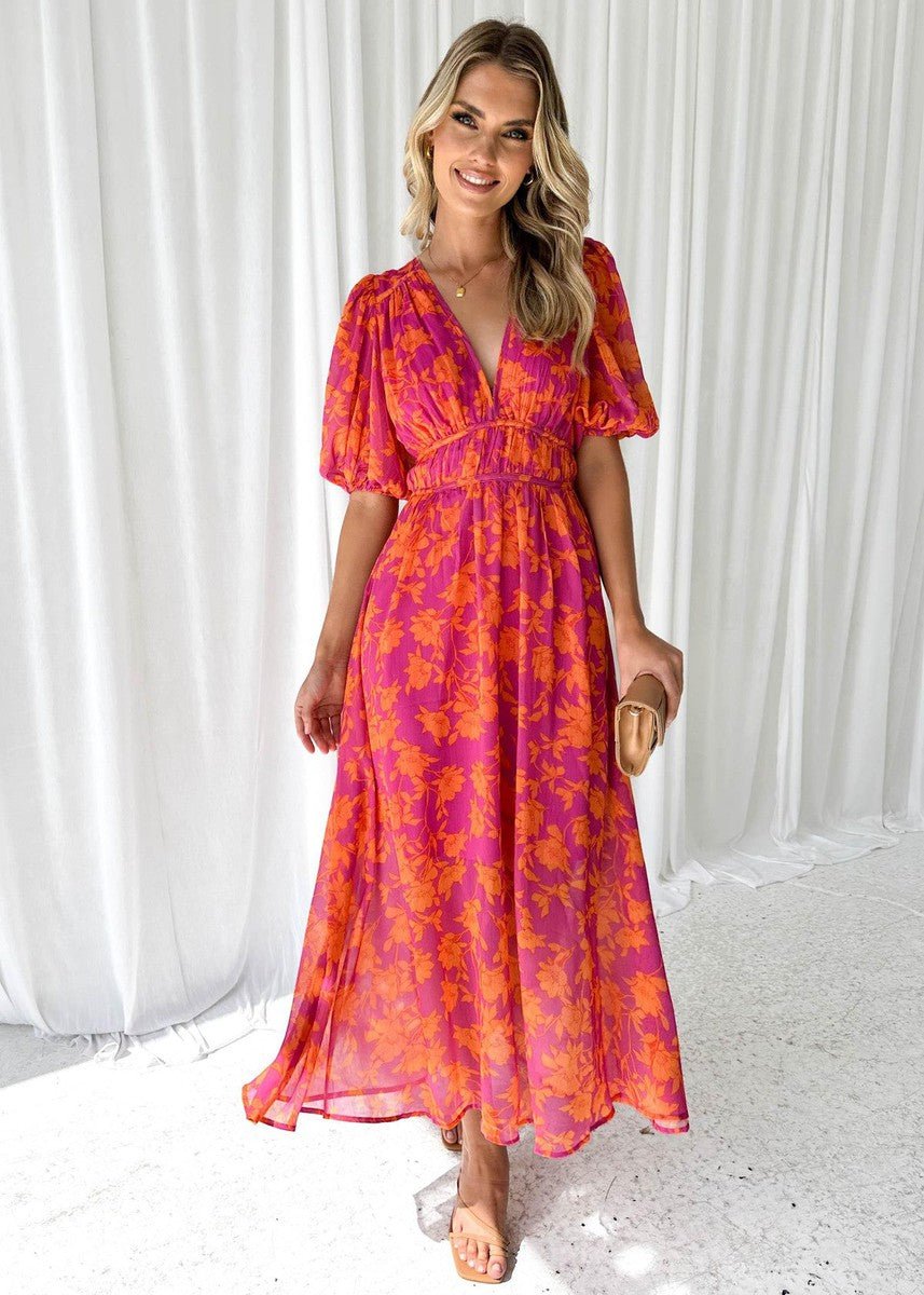 Lily | Women's Floral Midi Dress Puff Sleeves V-Neck