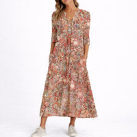 Evelyn | Women's Floral Midi Fall Wedding Guest Dress V-Neck Three-Quarter Sleeve