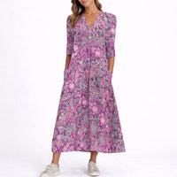 Evelyn | Women's Floral Midi Fall Wedding Guest Dress V-Neck Three-Quarter Sleeve
