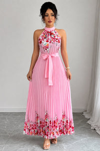Madison | Women's Floral Pleated Halter Evening Gown Midi Dress
