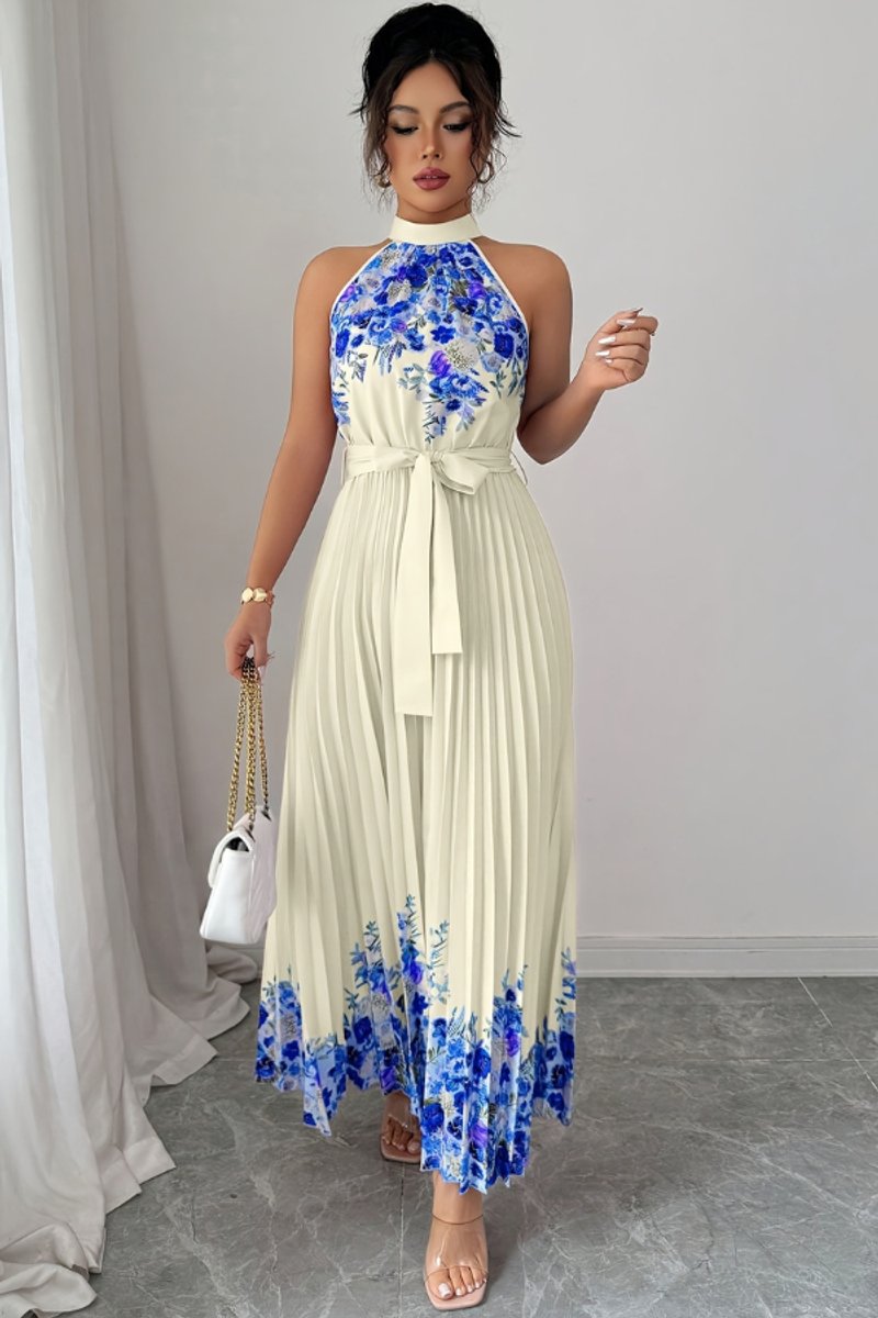 Madison | Women's Floral Pleated Halter Evening Gown Midi Dress