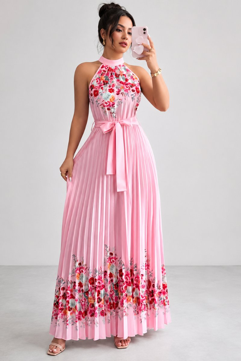 Madison | Women's Floral Pleated Halter Evening Gown Midi Dress