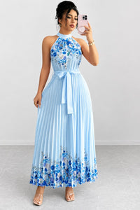 Madison | Women's Floral Pleated Halter Evening Gown Midi Dress